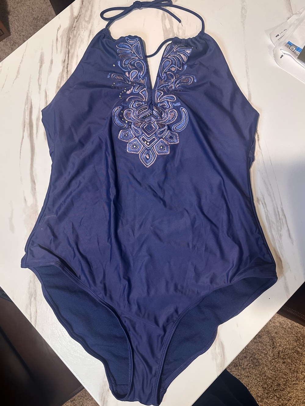 Knox Rose Navy Halter One-Piece Swimsuit with Embroidered Front Accent